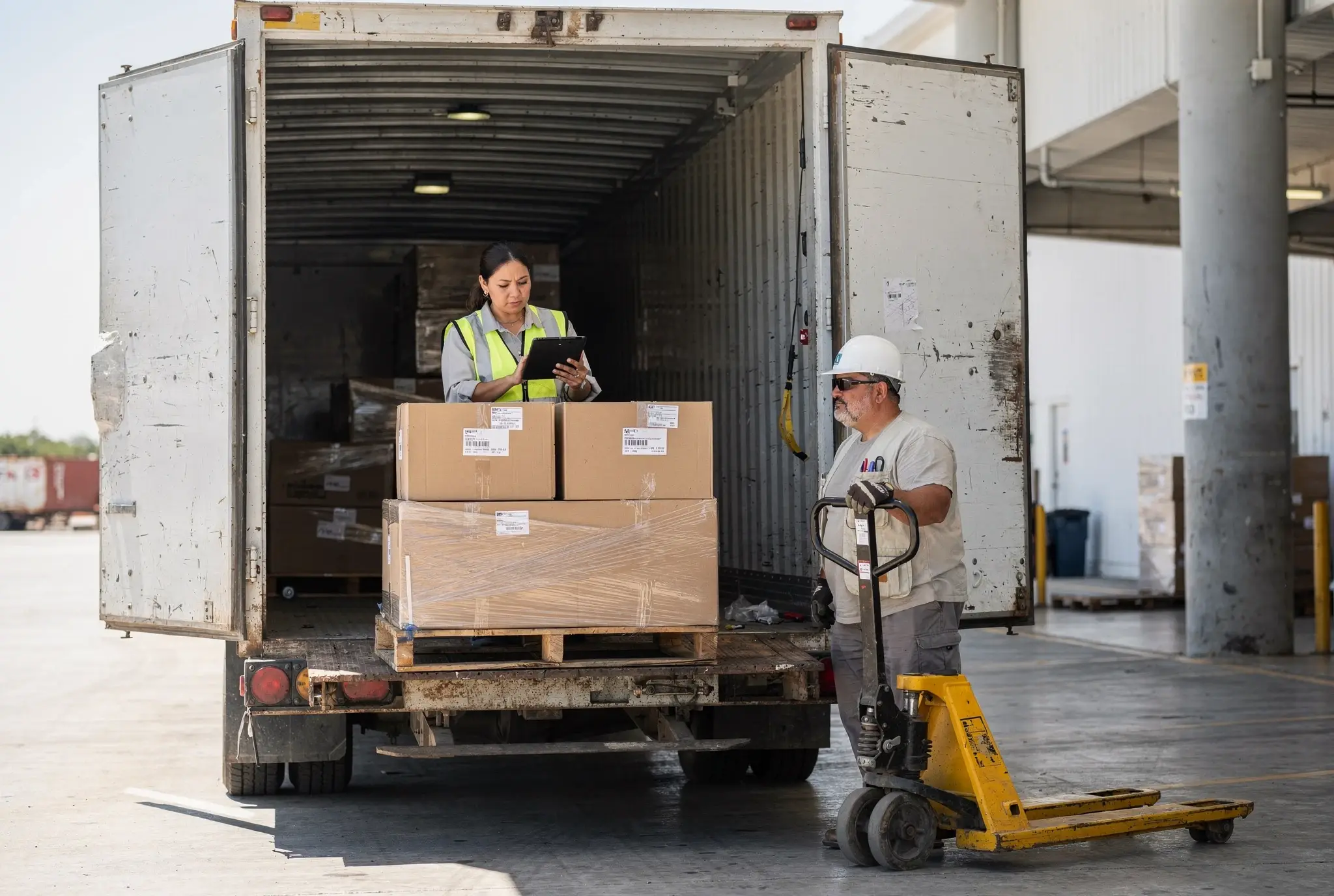 Una coordinadora con tableta revisa cajas en tarima junto a las puertas abiertas de un remolque en un andén de carga, mientras un trabajador espera junto a un patín hidráulico.