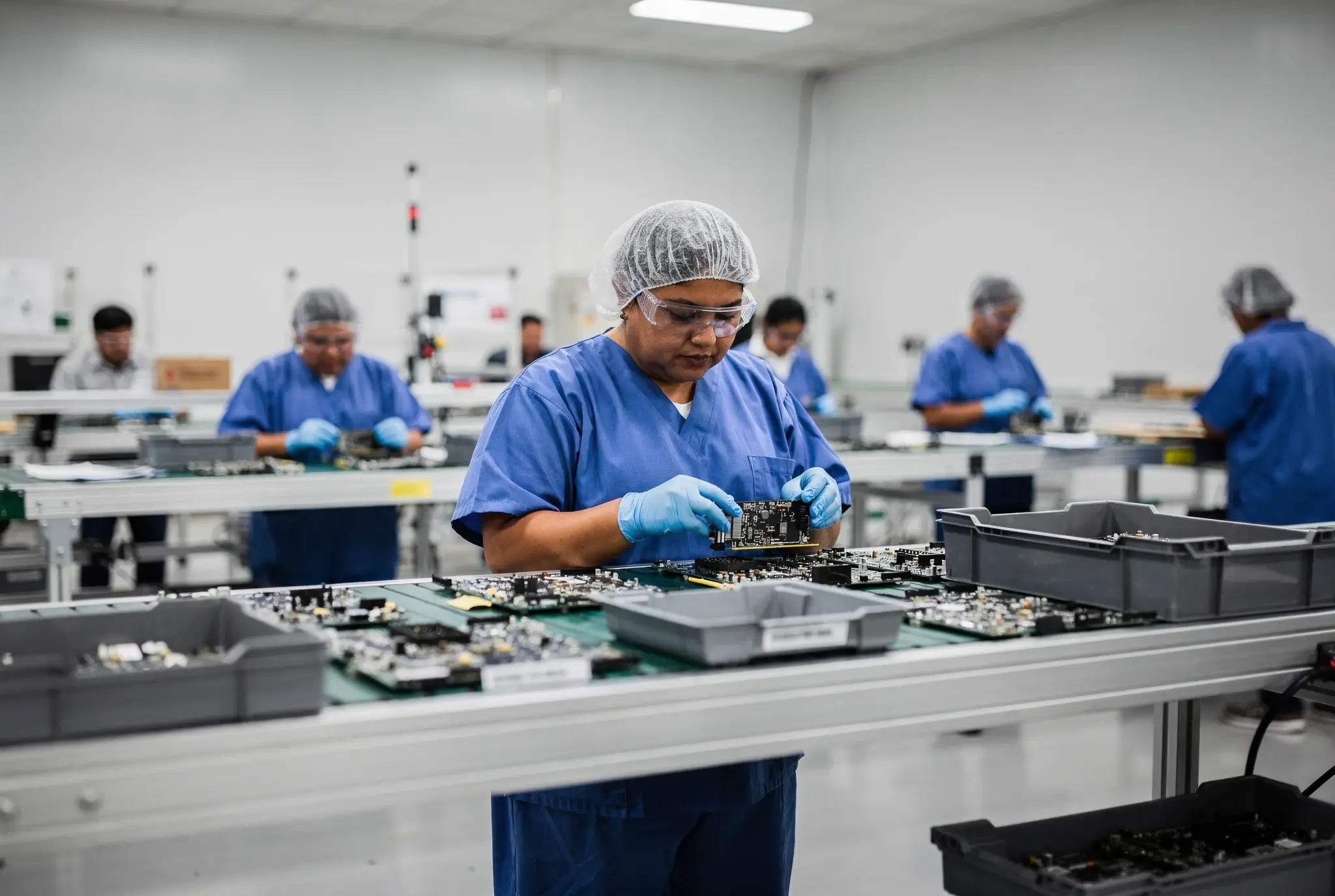 Técnicos con lentes de seguridad y batas de protección ensamblan módulos electrónicos en una línea de manufactura.