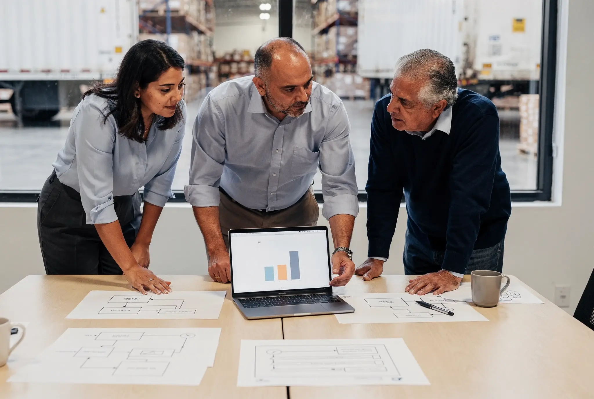 Tres profesionales revisan diagramas de proceso y una gráfica en una laptop, en una oficina con vista a un almacén.